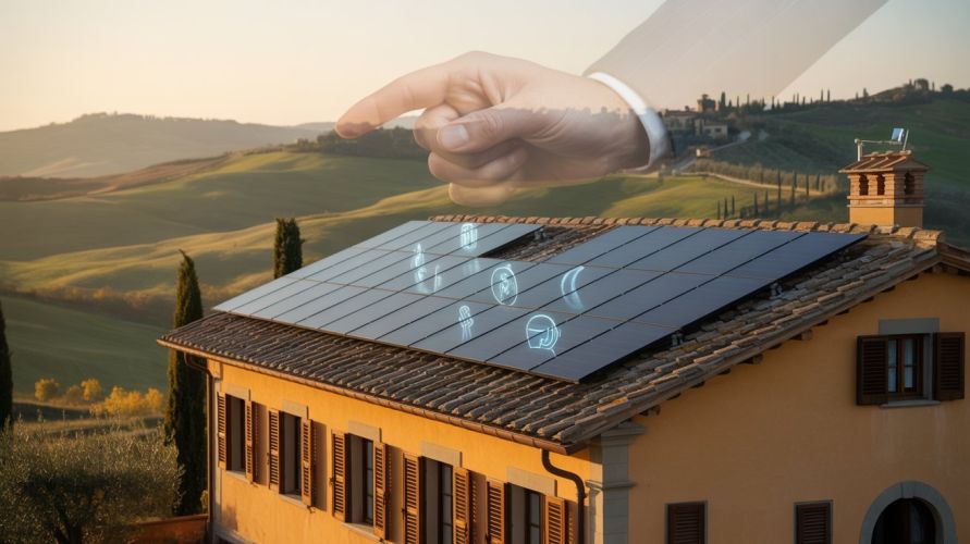 Mano che simboleggia il controllo finanziario sopra un tetto con pannelli fotovoltaici in Toscana al tramonto, concetto di investimento sostenibile
