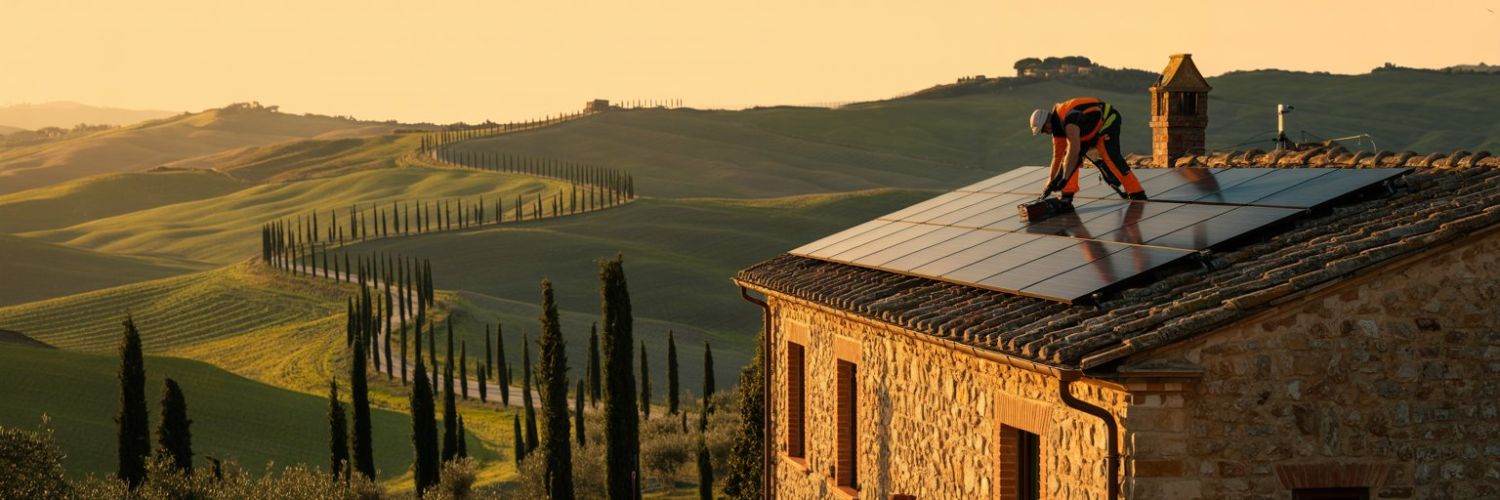 Impianto fotovoltaico installato su tetto in Toscana con panorama collinare – ADL 360 srl