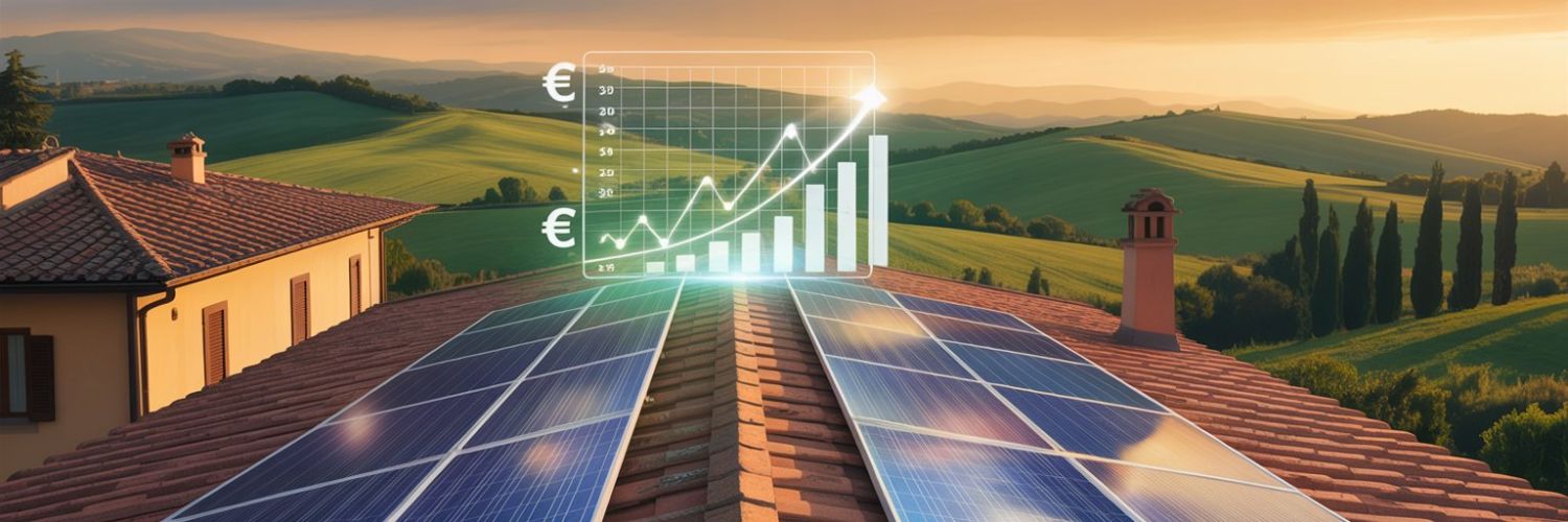 Pannelli fotovoltaici su tetto toscano con icone digitali di risparmio e incentivi, simbolo del GSE 3.0 e dei bonus fiscali gestiti da ADL360